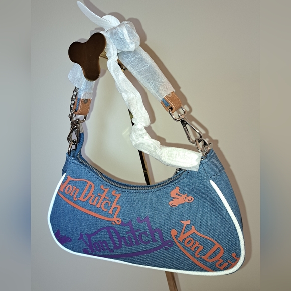 🔥NEW W/Tags Von Dutch Denim/Orange/Purple Logo Shoulder Bag W/ CUTE Mini Wrench - Picture 9 of 10